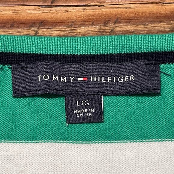TOMMY HILFIGER V-neck Sweater Green White Striped Women's Large Academia Preppy - Picture 8 of 12